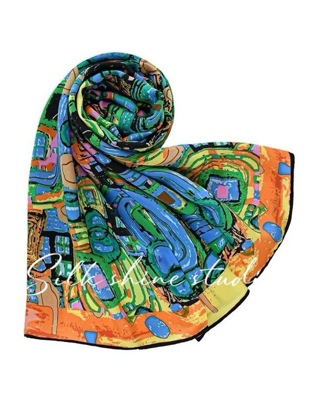 Vibrant Multicolor Charmeuse 100% Silk Scarf Gustav Klimt Art Print Long Wrap